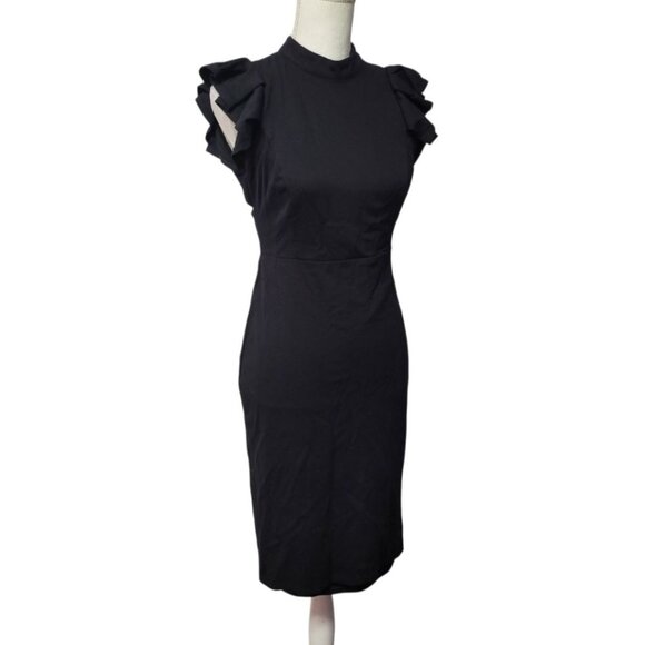 Lulus Black Dress Open Back Fitted Zip Back Ruffle Cap Sleeve Womens Medium - Picture 1 of 12